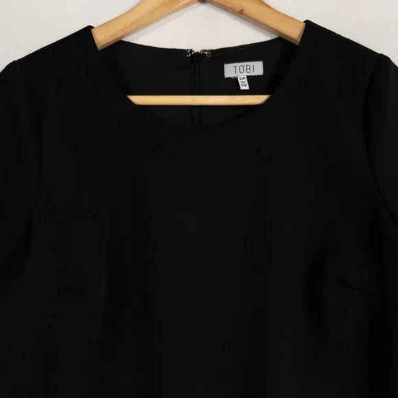 TOBI Mini Shift Dress Sz Small Black Short Cuffed Sleeve Lined Retro Minimalist - Picture 2 of 9